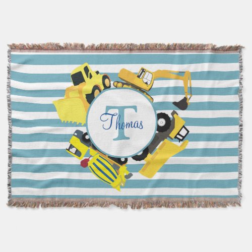 Construction Trucks Blue Stripes Monogram Throw Blanket