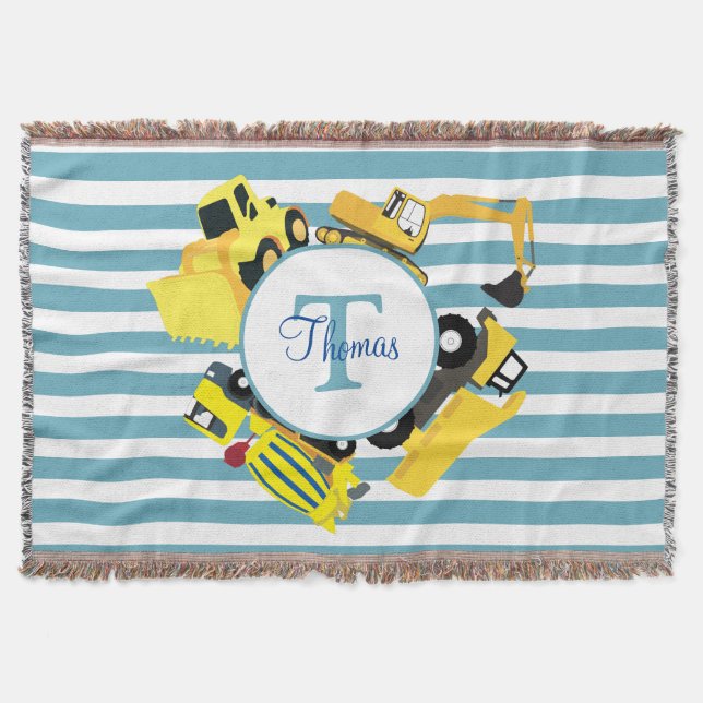 Construction Trucks Blue Stripes Monogram Throw Blanket (Front)