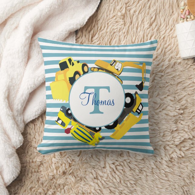 Construction Trucks Blue Stripes Monogram Throw Pillow (Blanket)