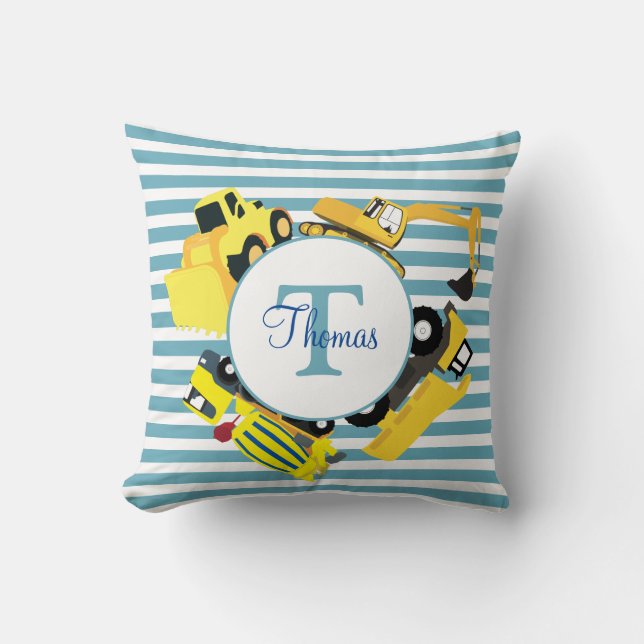 Construction Trucks Blue Stripes Monogram Throw Pillow (Front)