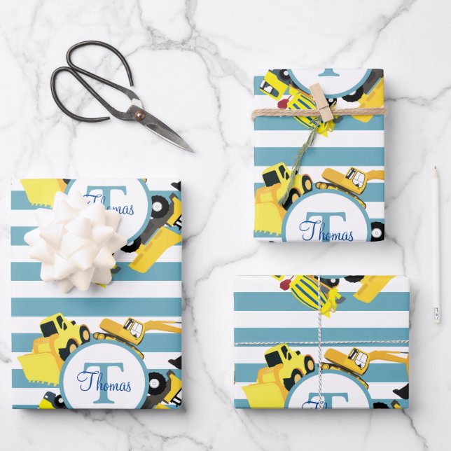 Construction Trucks Blue Stripes Monogram Wrapping Paper Sheets (Front)