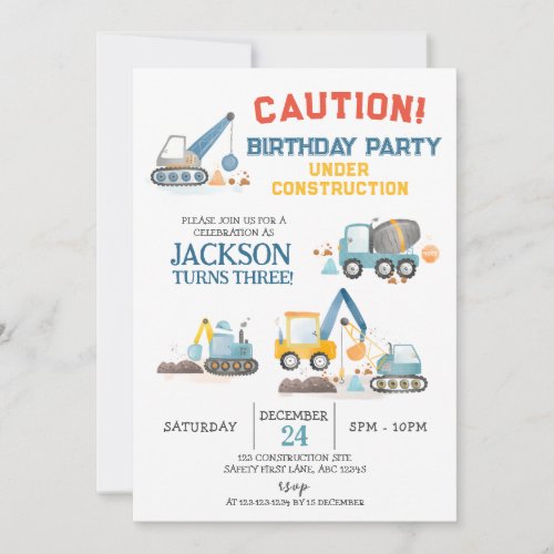 Construction Trucks Boy 3rd Birthday Party Invitation