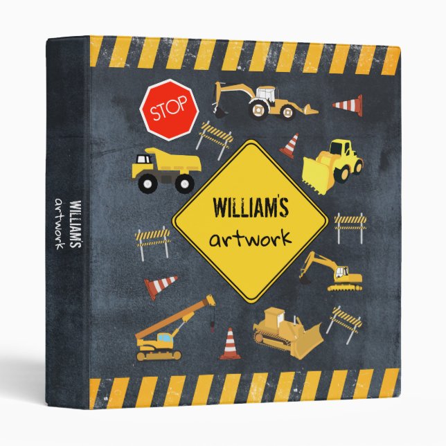 Construction Trucks Boy Artwork Artist Keepsake 3 Ring Binder (Front/Spine)