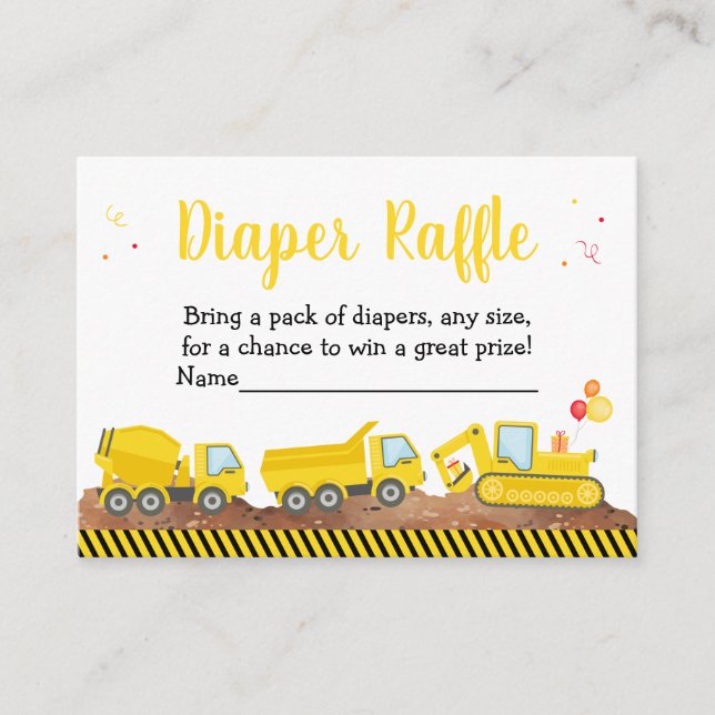 Construction Trucks Boy Baby Shower Diaper Raffle Enclosure Card (Front)