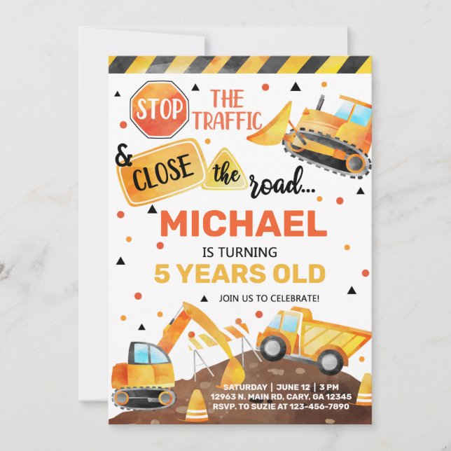 Construction trucks boy birthday invite. invitation (Front)