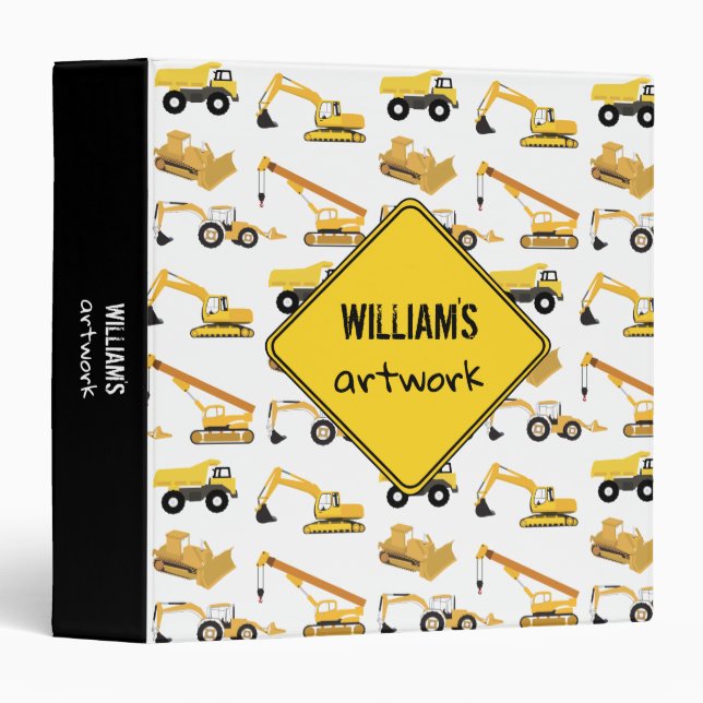 Construction Trucks Boys Artwork Artist Keepsake 3 Ring Binder (Front/Spine)