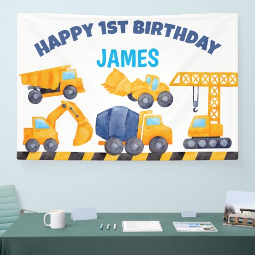 Construction trucks boys birthday party banner