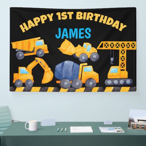 Construction trucks boys birthday party banner