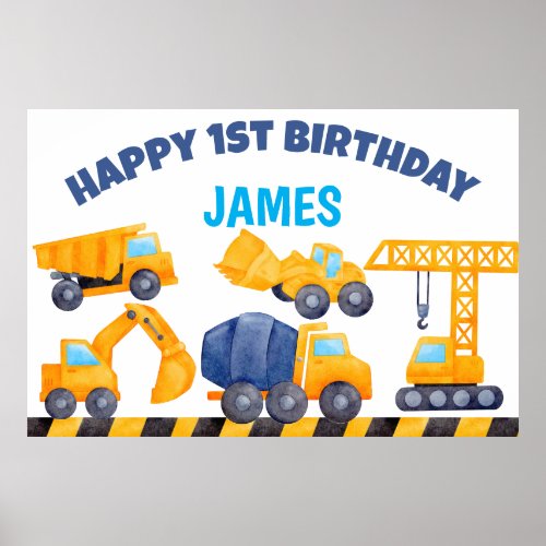 Construction trucks boys birthday party banner poster