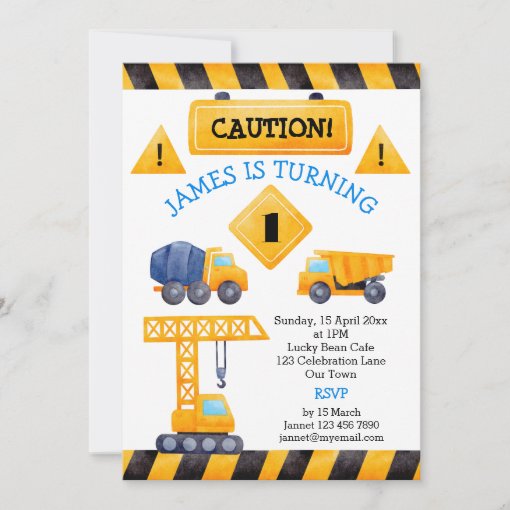 Construction trucks boys birthday party invitation | Zazzle