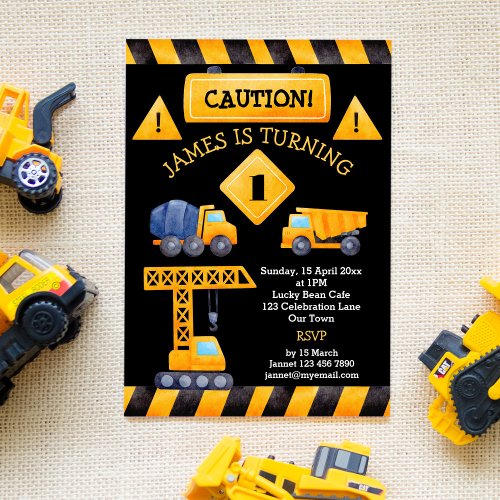 Construction trucks boys birthday party invitation