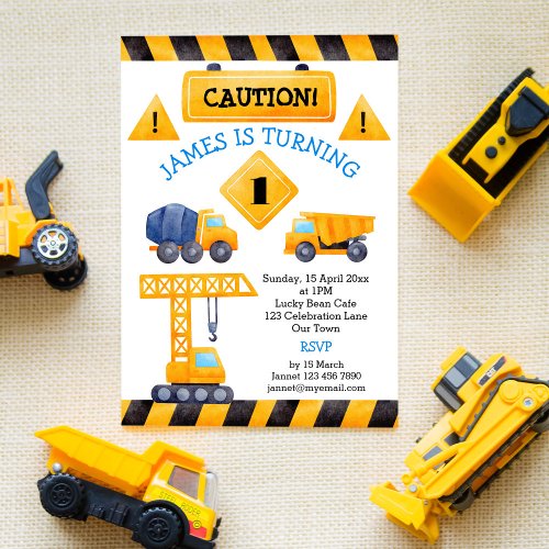 Construction trucks boys birthday party invitation