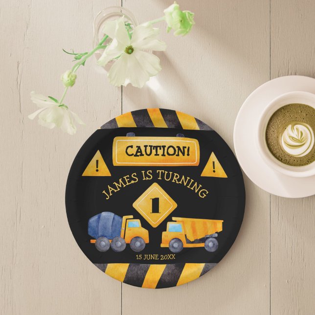 Construction trucks boys birthday party  paper plates (Construction trucks boys birthday party supplies personalized monogrammed printed paper plates)
