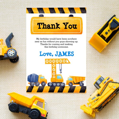 Construction trucks boys birthday party thank you card
