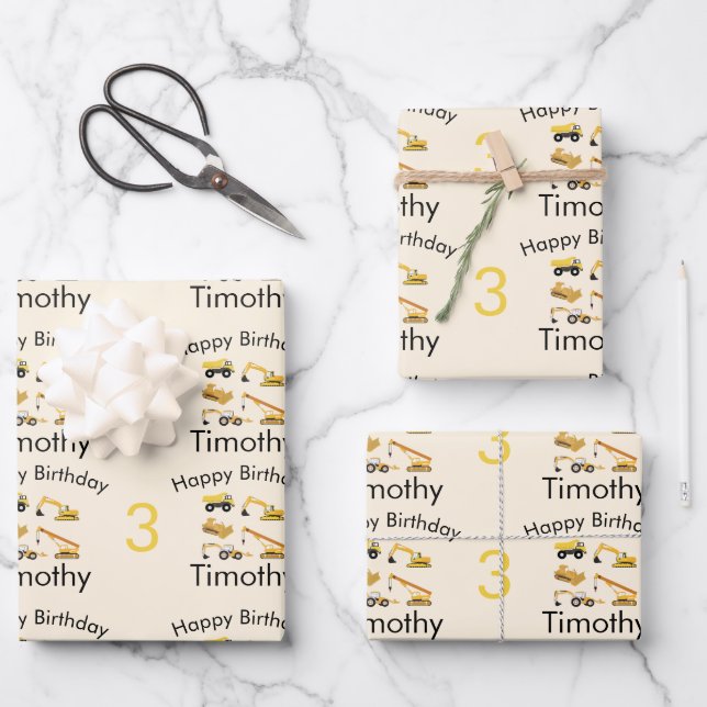 Construction Trucks Boy's Name & Age Birthday Wrapping Paper Sheets (Front)
