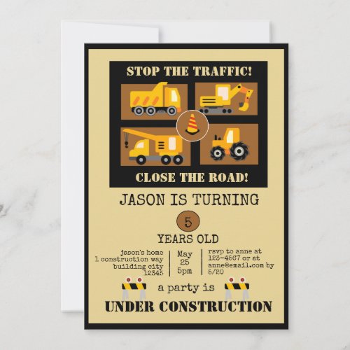 Construction Trucks  Boys Themed Birthday Party Invitation