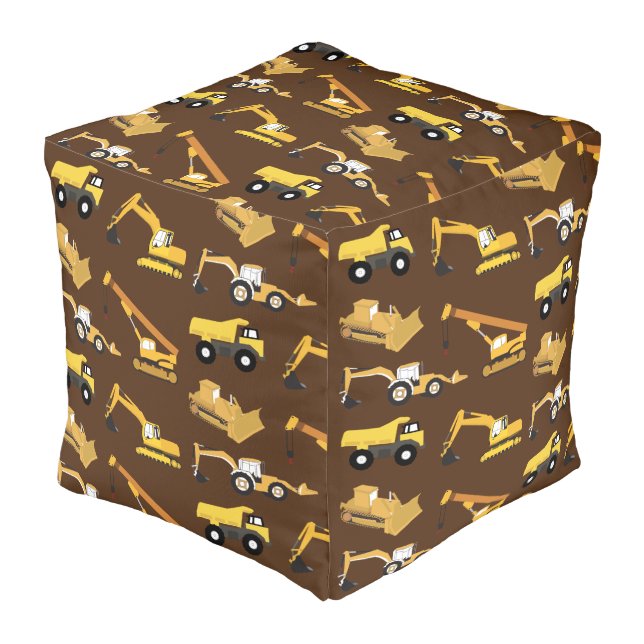 Construction Trucks Brown Background Color Pouf (Angled Front)
