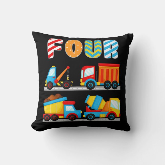 Construction Trucks Cars 4th Birthday 4 Year Old B Throw Pillow (Front)