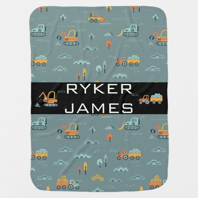 Construction Trucks Clouds Trees Pattern Boy Baby Blanket (Front)
