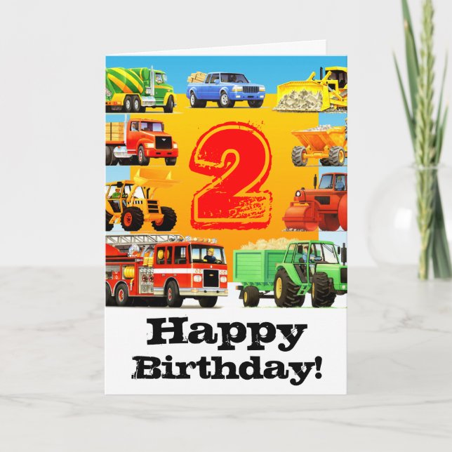 Construction Trucks Custom Boy's 2nd Birthday Card (Front)