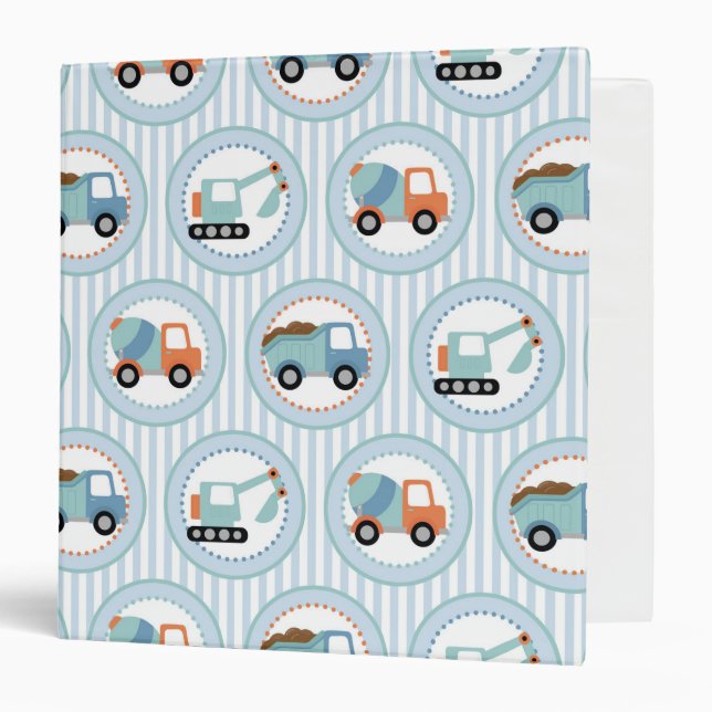 Construction Trucks - Cute Blue White 3 Ring Binder (Front/Inside)