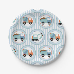 Construction Trucks - Cute Blue White Paper Plates