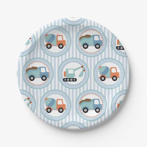 Construction Trucks _ Cute Blue White Paper Plates