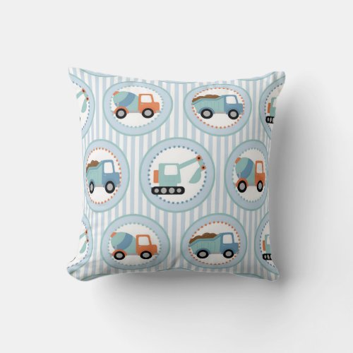 Construction Trucks _ Cute Blue White Throw Pillow