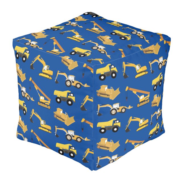 Construction Trucks Deep Blue Background Color Pouf (Angled Front)