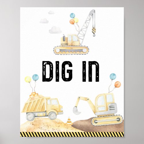 Construction Trucks Dig In Birthday Party Sign