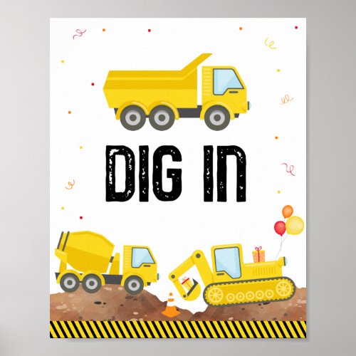 Construction Trucks Dig In Birthday Party Sign