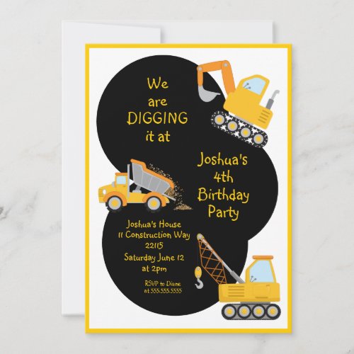 Construction Trucks Digging It Birthday Party Invitation