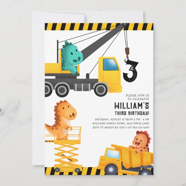 Construction Trucks Dinosaurs Birthday Party Invitation (Front)