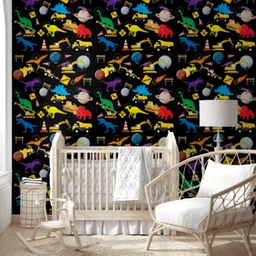 Construction Trucks Dinosaurs Boys Nursery Bedroom Wallpaper