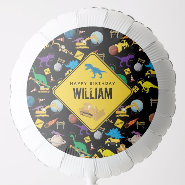 Construction Trucks Dinosaurs in Space Birthday Balloon (Front)