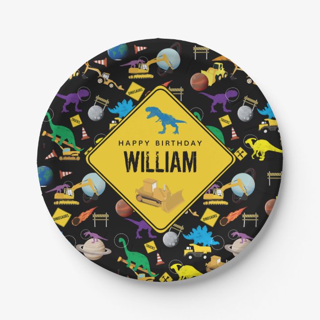 Construction Trucks Dinosaurs in Space Birthday Paper Plates (Front)