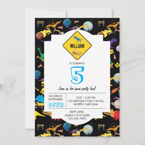 Construction Trucks Dinosaurs Space Birthday Invitation