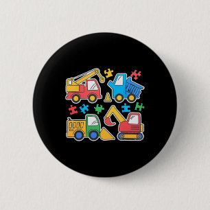 Construction Trucks Excavator Autism Awareness Tee Button