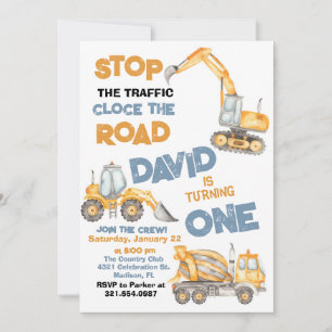 Construction Trucks First Birthday Party Invitation