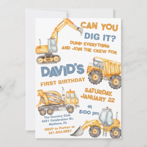Construction Trucks First Birthday Party Invitation
