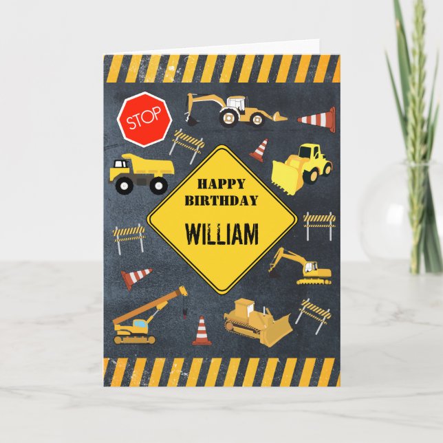 Construction Trucks Heavy Machinery Birthday Boy Card (Front)