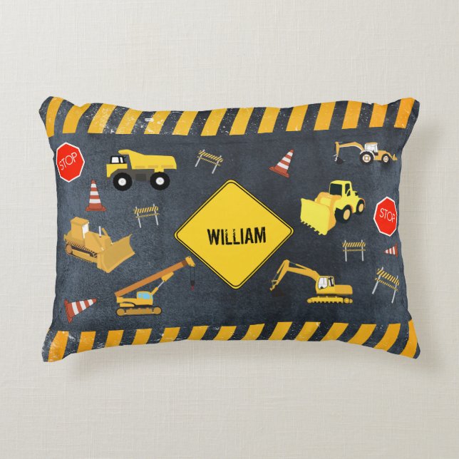 Construction Trucks Heavy Machinery Boy Name Accent Pillow (Front)