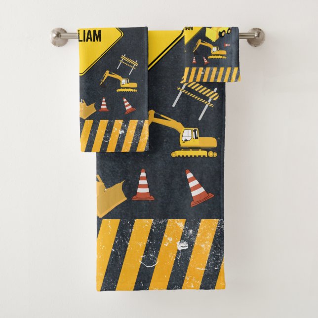 Construction Trucks Heavy Machinery Boy Name Bath Towel Set (Insitu)