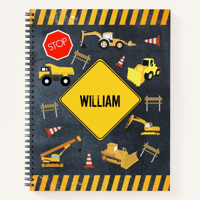 Construction Trucks Heavy Machinery Boy Name Notebook (Front)