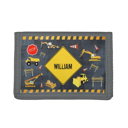 Construction Trucks Heavy Machinery Boy Name   Trifold Wallet