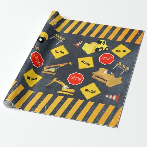 Construction Trucks Heavy Machinery Boy Name Wrapping Paper