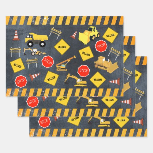 Construction Trucks Heavy Machinery Boy Name Wrapping Paper Sheets
