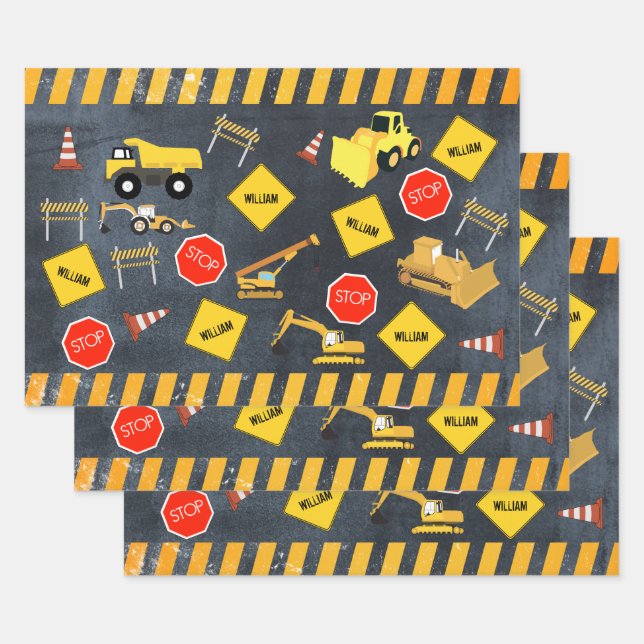 Construction Trucks Heavy Machinery Boy Name Wrapping Paper Sheets (Set)