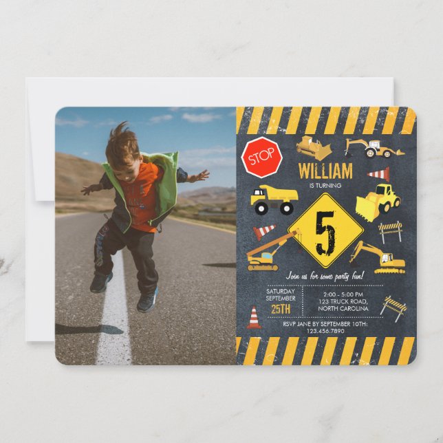 Construction Trucks Heavy Machinery Photo Birthday Invitation (Front)