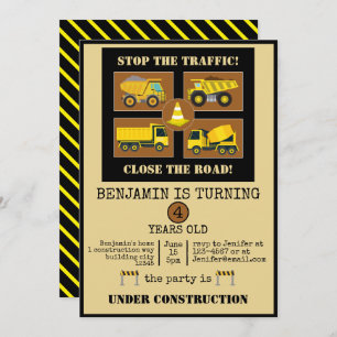 Construction Trucks Kid Birthday Party Decor Invitation